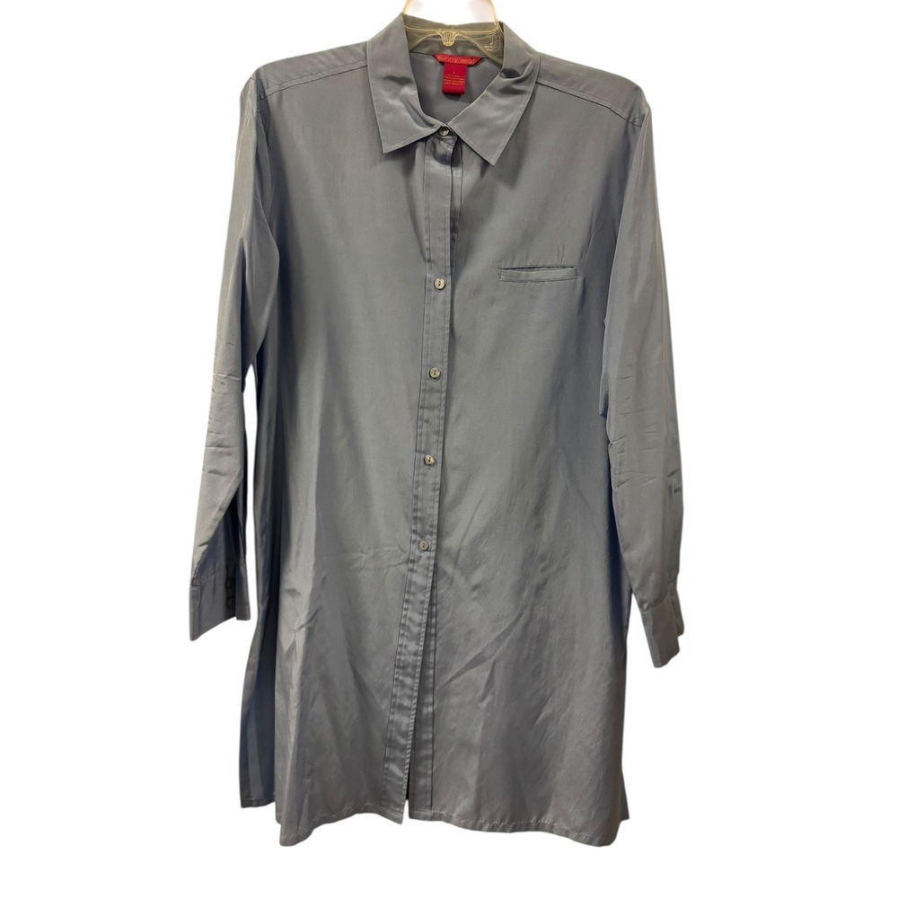 Sunny Leigh Silk Cotton Blend Button Front Long Sleeve Shirt Dress Gray Size L